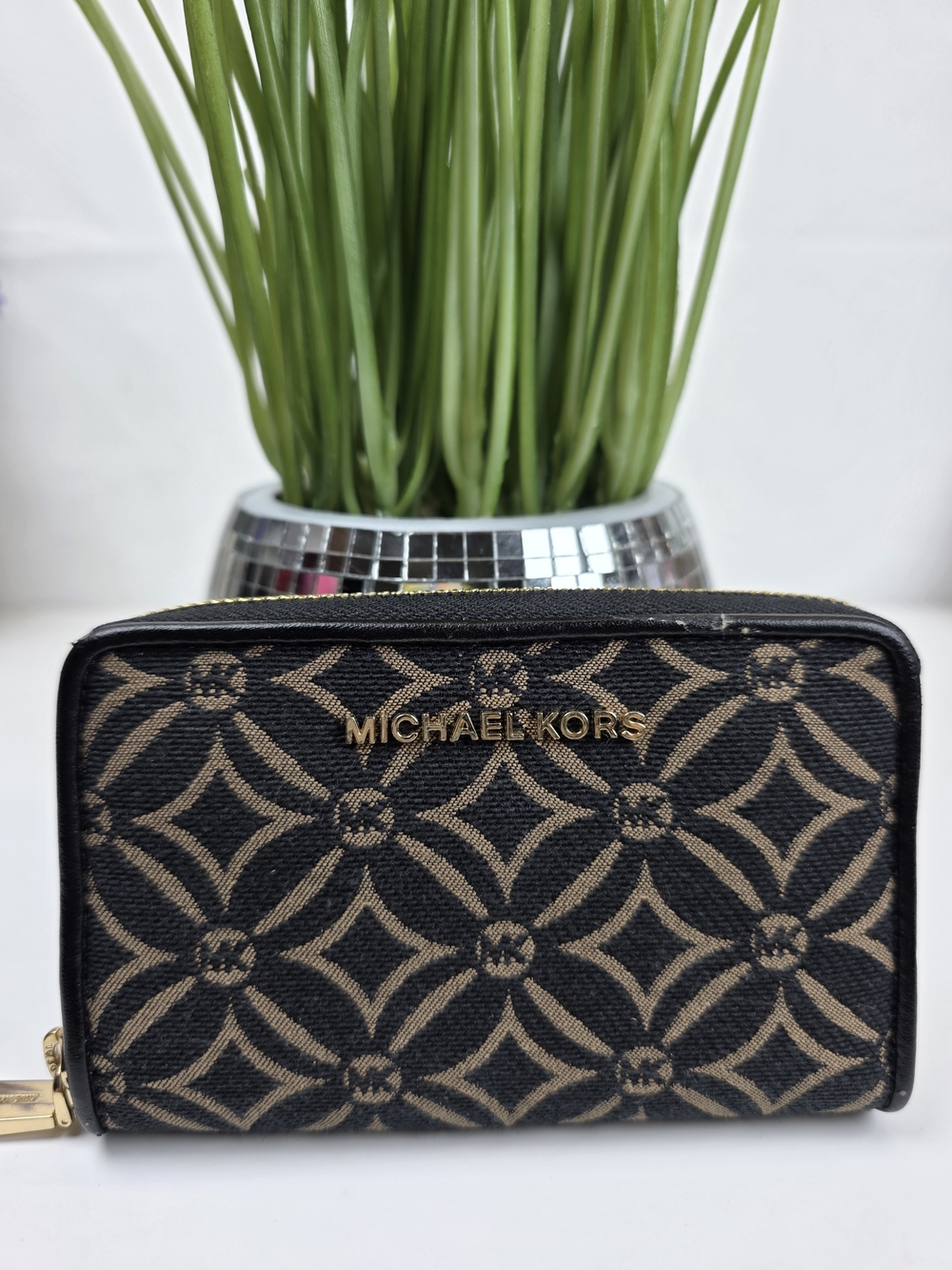 Michael Kors Black and Brown Signature Jacquard Zip Card Holder